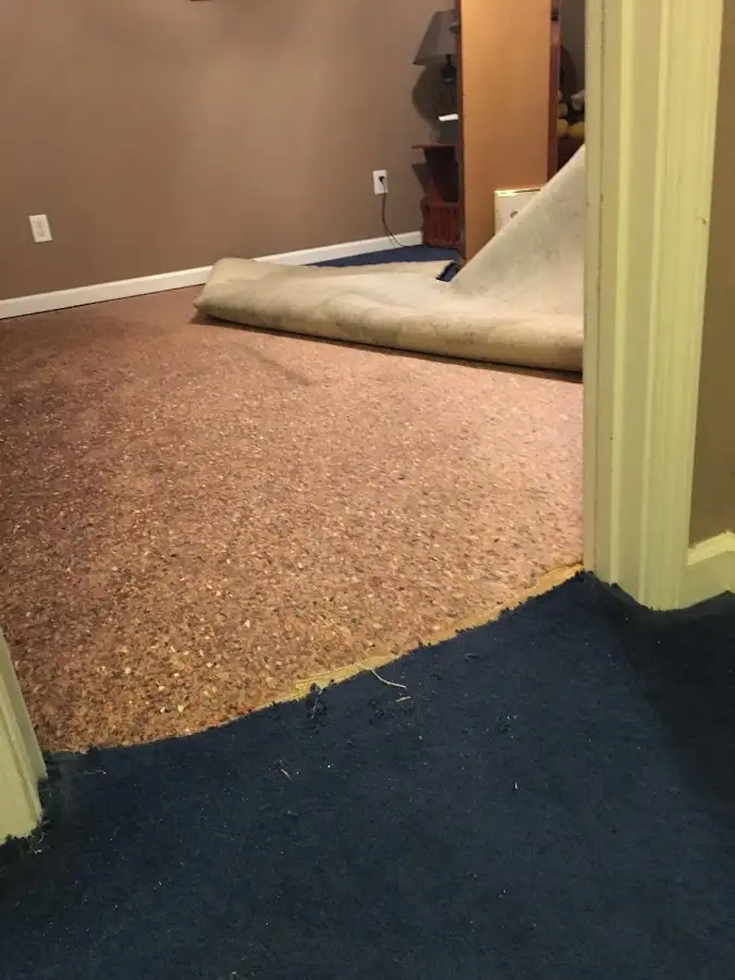 Carpet pad removal revealing water damage during Water Mitigation Services in Sulphur Springs